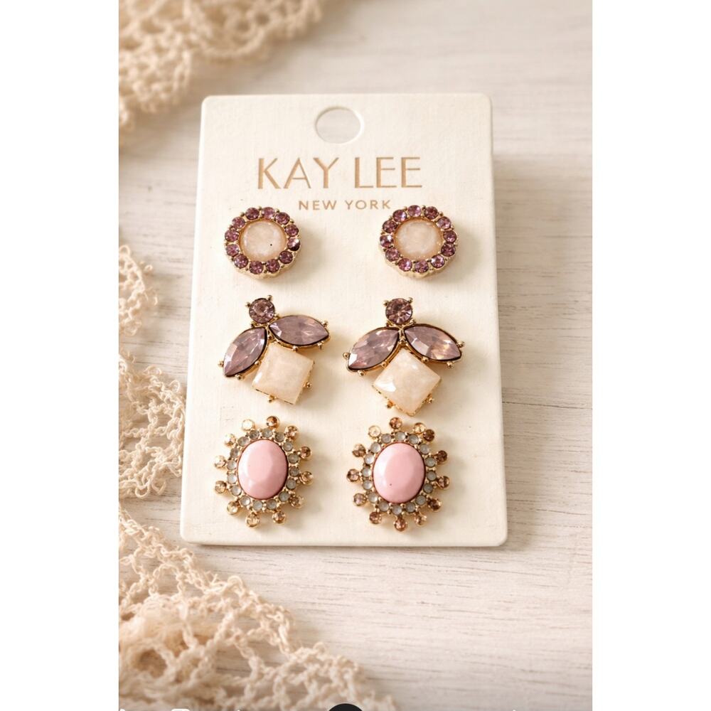 Kay Lee Gold Pink Trio Earring Set New
